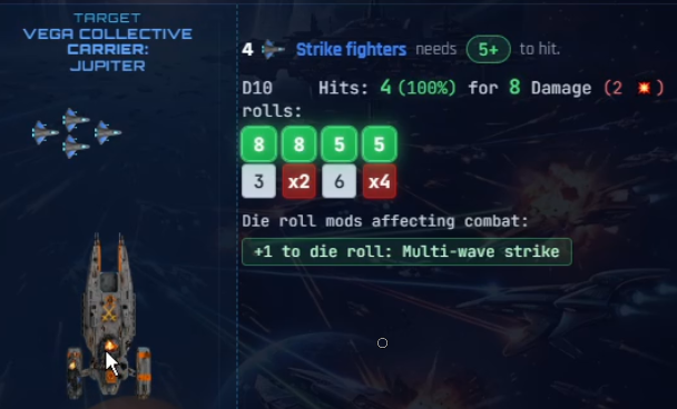 Battle replay: four Strike fighters hit a Carrier for 8 damage; two of the crit dice show x2 and x4, marking two critical hits